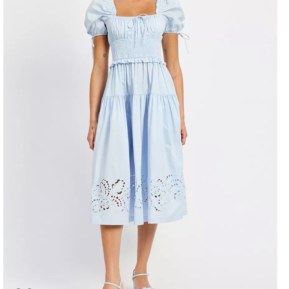 En Saison Abigail Sky Blue Midi Dress with Puff Sleeves